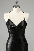 Black Bodycon Spaghetti Straps Sequins Short Homecoming Dress with Lace-up Back by WEDTREND