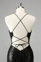 Black Bodycon Spaghetti Straps Sequins Short Homecoming Dress with Lace-up Back by WEDTREND