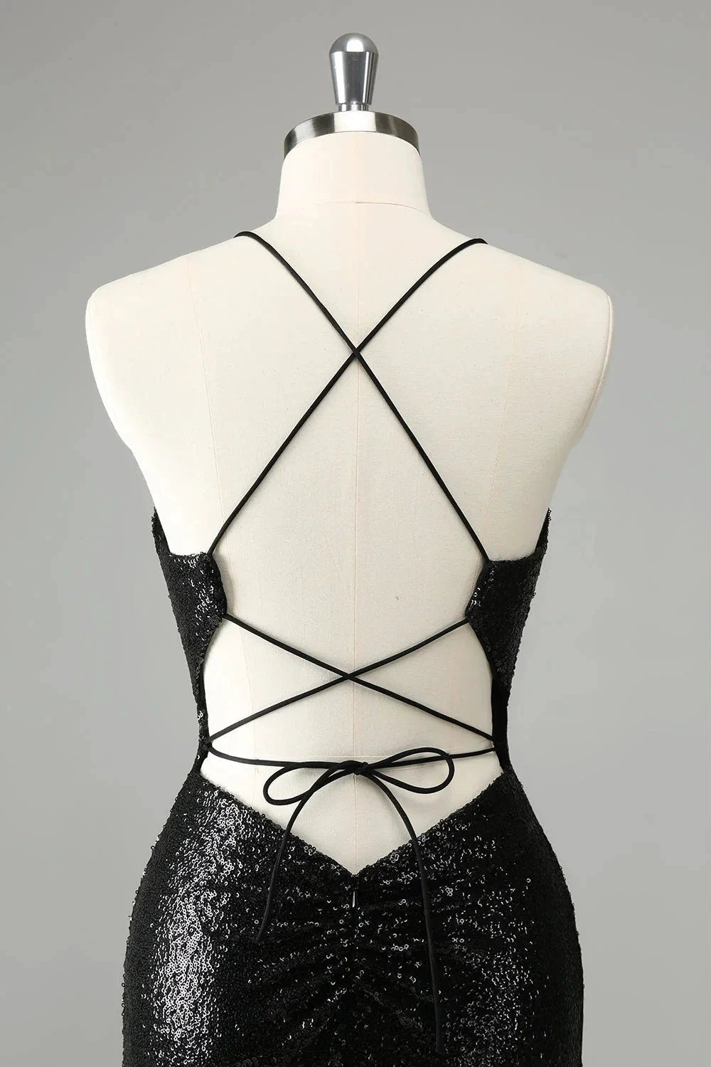 Black Bodycon Spaghetti Straps Sequins Short Homecoming Dress with Lace-up Back by WEDTREND