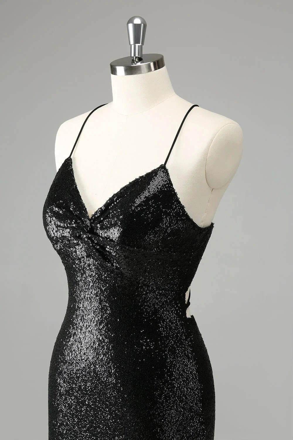 Black Bodycon Spaghetti Straps Sequins Short Homecoming Dress with Lace-up Back by WEDTREND