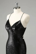 Black Bodycon Spaghetti Straps Sequins Short Homecoming Dress with Lace-up Back by WEDTREND