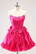 Cute Fuchsia A Line Strapless Corset Ruffle Beaded Homecoming Dress with Bows by WEDTREND