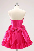 Cute Fuchsia A Line Strapless Corset Ruffle Beaded Homecoming Dress with Bows by WEDTREND