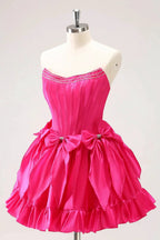 Cute Fuchsia A Line Strapless Corset Ruffle Beaded Homecoming Dress with Bows by WEDTREND