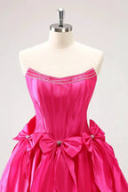 Cute Fuchsia A Line Strapless Corset Ruffle Beaded Homecoming Dress with Bows by WEDTREND