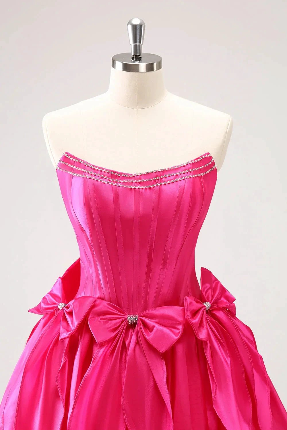 Cute Fuchsia A Line Strapless Corset Ruffle Beaded Homecoming Dress with Bows by WEDTREND