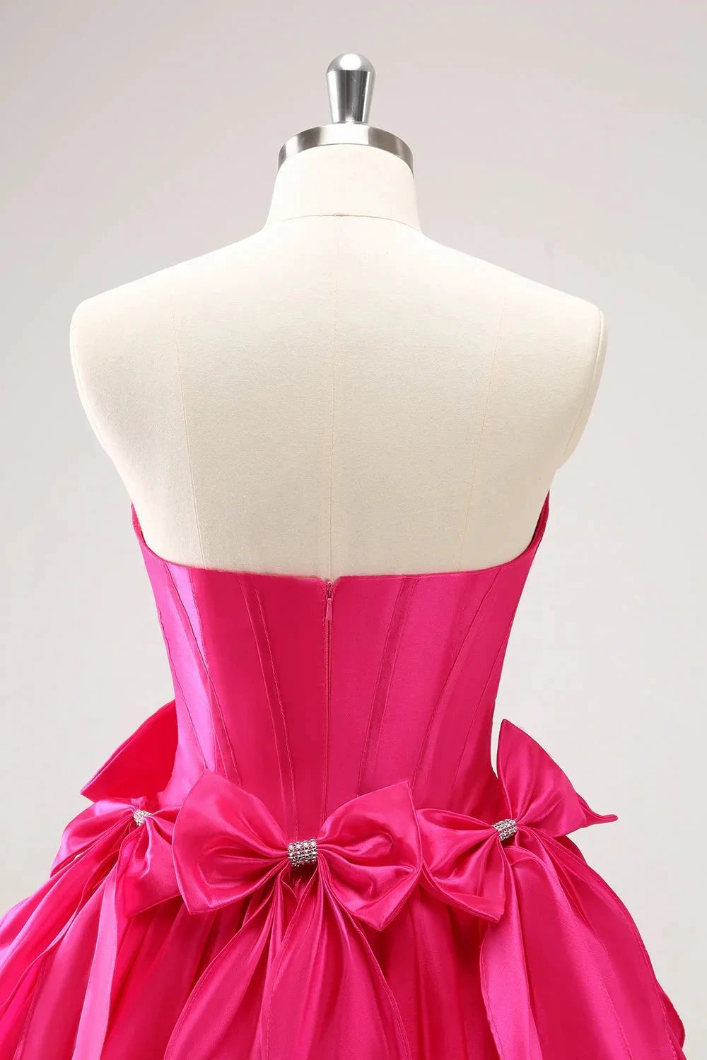 Cute Fuchsia A Line Strapless Corset Ruffle Beaded Homecoming Dress with Bows by WEDTREND