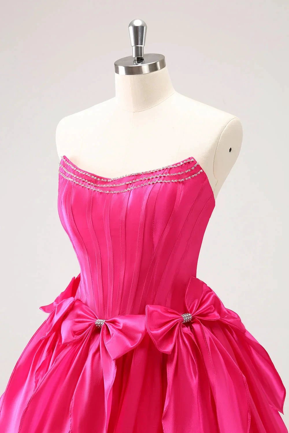Cute Fuchsia A Line Strapless Corset Ruffle Beaded Homecoming Dress with Bows by WEDTREND