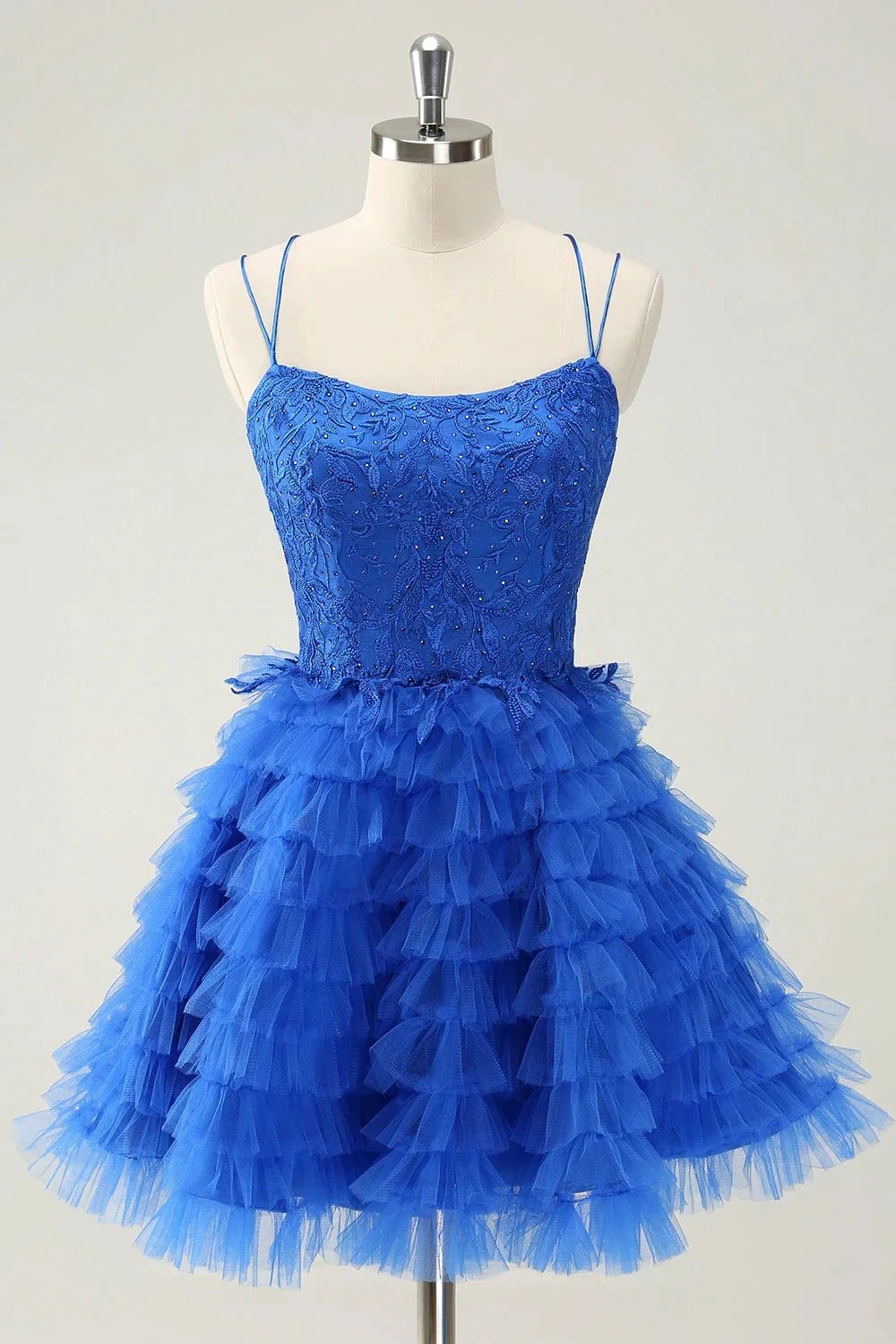 Cute Blue A Line Lace Up Back Tiered Short Homecoming Dress with Beading by WEDTREND