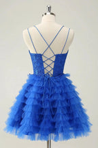 Cute Blue A Line Lace Up Back Tiered Short Homecoming Dress with Beading by WEDTREND