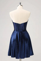 Cute Navy A Line Strapless Hollow Out Corset Beaded Homecoming Dress with Bow by WEDTREND