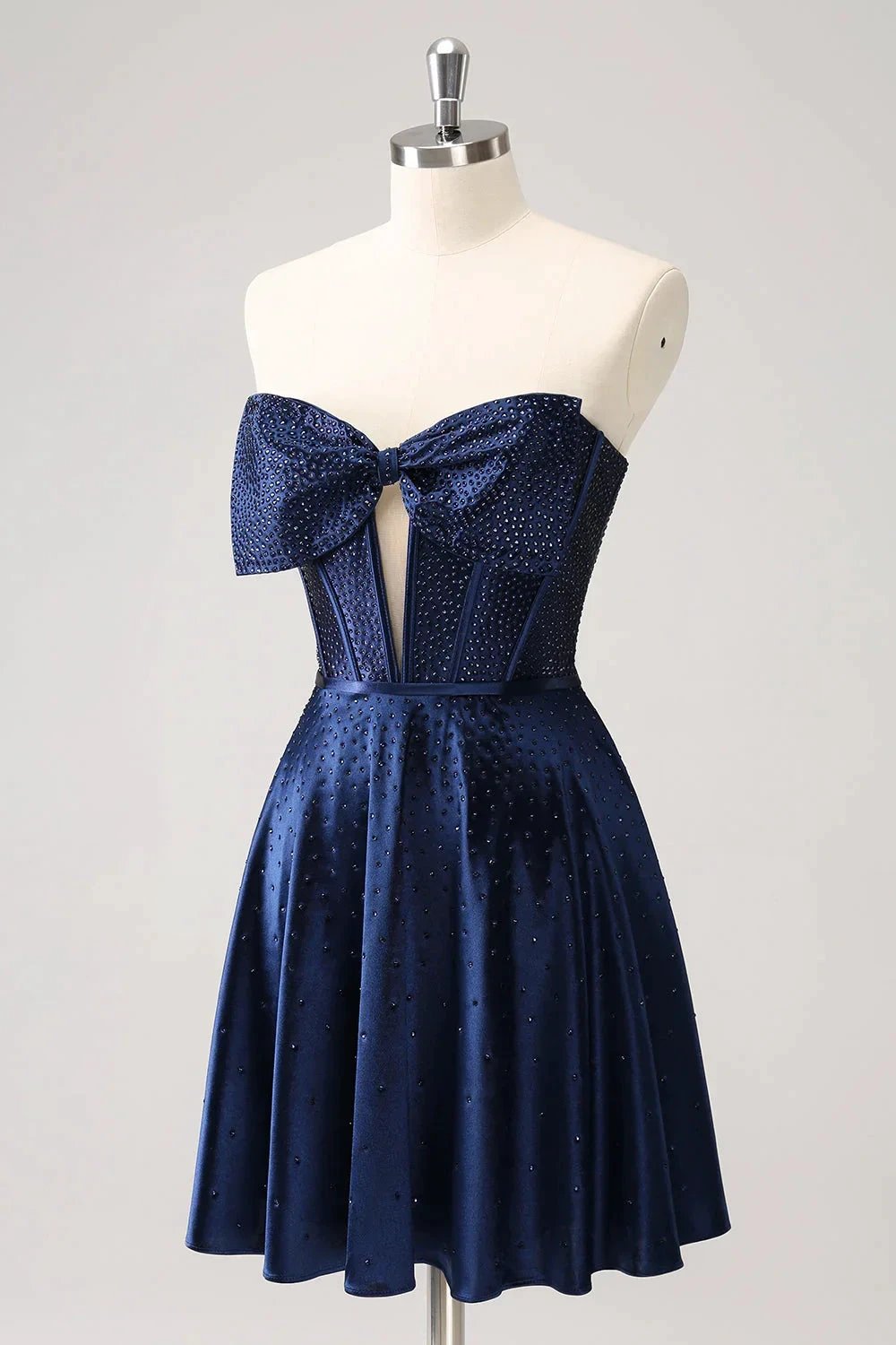 Cute Navy A Line Strapless Hollow Out Corset Beaded Homecoming Dress with Bow by WEDTREND