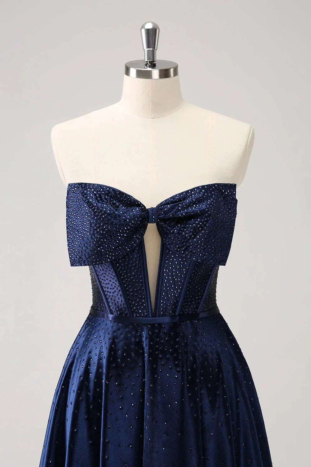 Cute Navy A Line Strapless Hollow Out Corset Beaded Homecoming Dress with Bow by WEDTREND