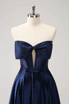 Cute Navy A Line Strapless Hollow Out Corset Beaded Homecoming Dress with Bow by WEDTREND