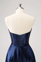 Cute Navy A Line Strapless Hollow Out Corset Beaded Homecoming Dress with Bow by WEDTREND