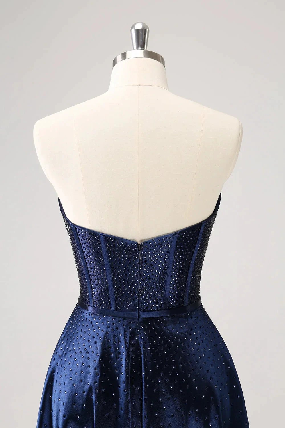 Cute Navy A Line Strapless Hollow Out Corset Beaded Homecoming Dress with Bow by WEDTREND