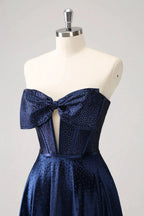 Cute Navy A Line Strapless Hollow Out Corset Beaded Homecoming Dress with Bow by WEDTREND