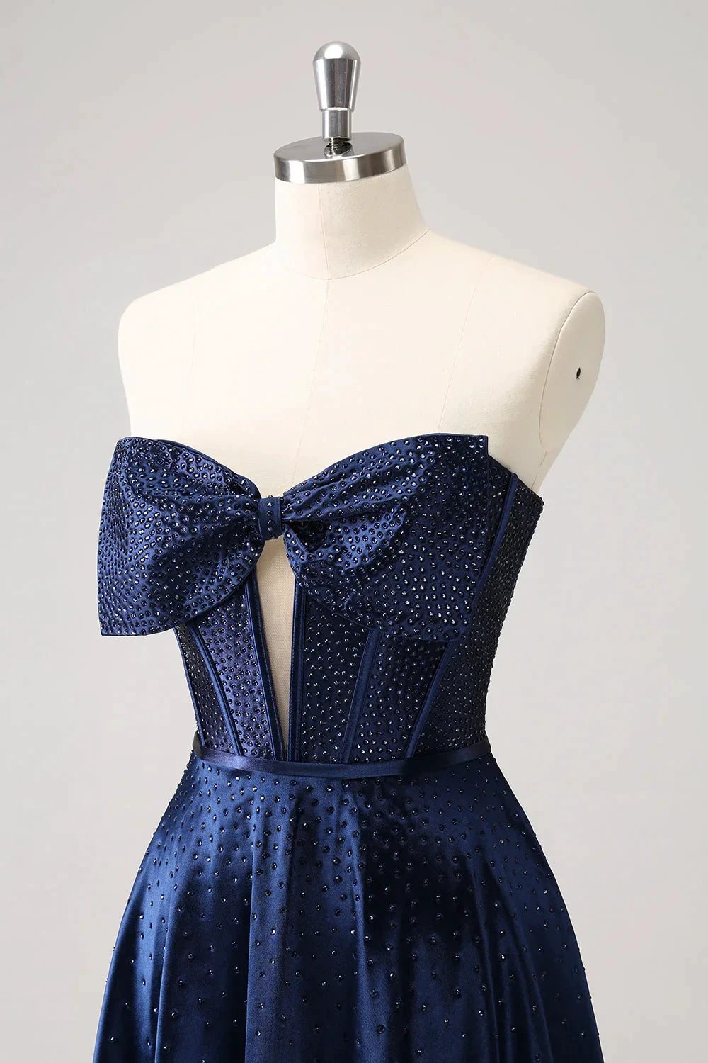 Cute Navy A Line Strapless Hollow Out Corset Beaded Homecoming Dress with Bow by WEDTREND