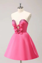 Cute Hot Pink A Line Strapless Cut Out Homecoming Dress with Beading by WEDTREND