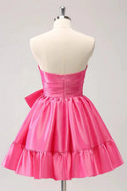 Cute Hot Pink A Line Strapless Pleated Short Homecoming Dress with Bow by WEDTREND