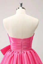 Cute Hot Pink A Line Strapless Pleated Short Homecoming Dress with Bow by WEDTREND