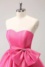 Cute Hot Pink A Line Strapless Pleated Short Homecoming Dress with Bow by WEDTREND