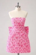 Cute Hot Pink A Line Strapless Print Short Homecoming Dress with Bow