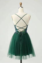 Cute Dark Green A Line V Neck Sequin Short Homecoming Dress with Appliques by WEDTREND