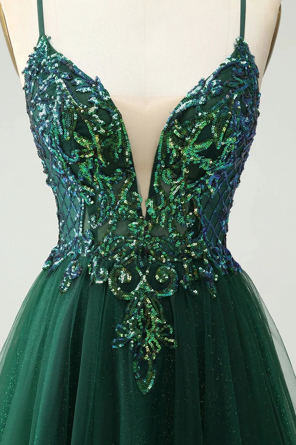 Cute Dark Green A Line V Neck Sequin Short Homecoming Dress with Appliques by WEDTREND
