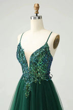 Cute Dark Green A Line V Neck Sequin Short Homecoming Dress with Appliques by WEDTREND