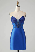 Classy Sparkly Royal Blue Tight Strapless Short Homecoming Dress with Beading by WEDTREND