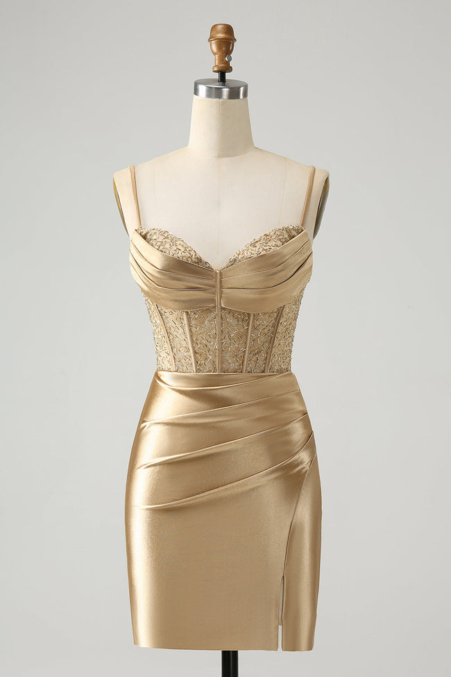 Gold Corset Short Homecoming Dress with Lace Up Back Hover Image