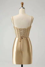 Gold Corset Short Homecoming Dress with Lace Up Back by WEDTREND