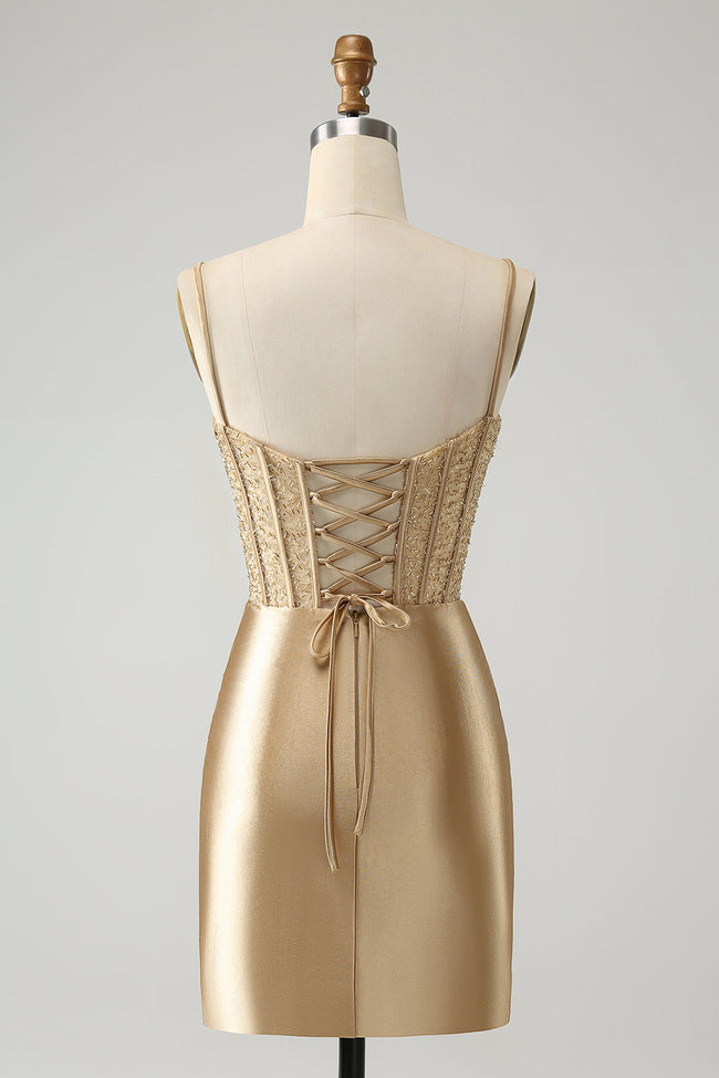 Gold Corset Short Homecoming Dress with Lace Up Back Main Image