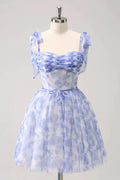 Cute Blue A Line Spaghetti Straps Pleated Short Homecoming Dress With Lace Up Back by WEDTREND