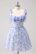 Cute Blue A Line Spaghetti Straps Pleated Short Homecoming Dress With Lace Up Back by WEDTREND