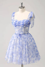 Cute Blue A Line Spaghetti Straps Pleated Short Homecoming Dress With Lace Up Back by WEDTREND