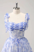 Cute Blue A Line Spaghetti Straps Pleated Short Homecoming Dress With Lace Up Back by WEDTREND