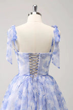 Cute Blue A Line Spaghetti Straps Pleated Short Homecoming Dress With Lace Up Back by WEDTREND