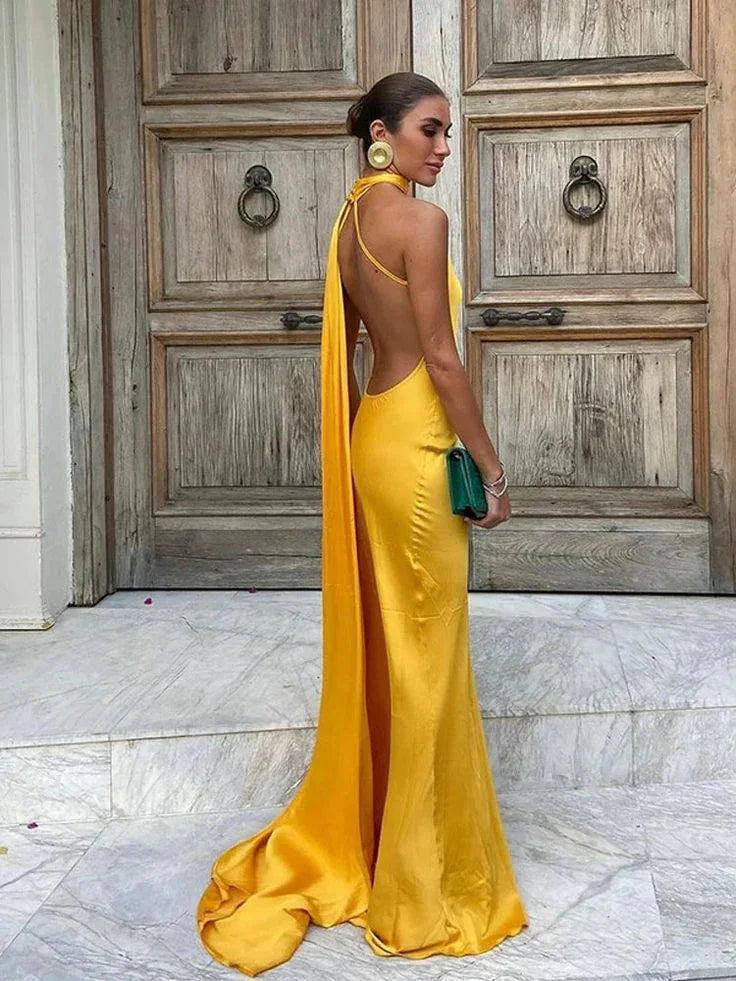 Yellow Satin Backless Off-Shoulder Long Prom Dress Evening Dress Y8466 by simplepromdress