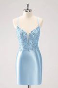 Blue Bodycon Lace Up Back Sequin Short Homecoming Dress with Appliques by WEDTREND