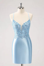 Blue Bodycon Lace Up Back Sequin Short Homecoming Dress with Appliques by WEDTREND