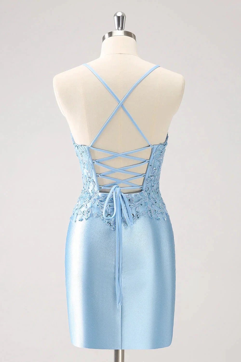 Blue Bodycon Lace Up Back Sequin Short Homecoming Dress with Appliques by WEDTREND