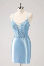 Blue Bodycon Lace Up Back Sequin Short Homecoming Dress with Appliques by WEDTREND