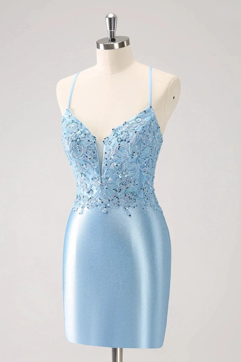 Blue Bodycon Lace Up Back Sequin Short Homecoming Dress with Appliques by WEDTREND