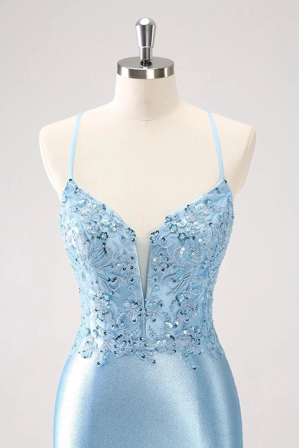 Blue Bodycon Lace Up Back Sequin Short Homecoming Dress with Appliques by WEDTREND