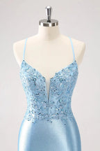 Blue Bodycon Lace Up Back Sequin Short Homecoming Dress with Appliques by WEDTREND