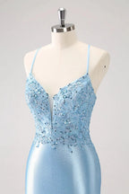 Blue Bodycon Lace Up Back Sequin Short Homecoming Dress with Appliques by WEDTREND