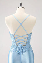 Blue Bodycon Lace Up Back Sequin Short Homecoming Dress with Appliques by WEDTREND
