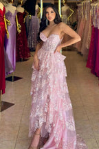 Garnet|Light Blue Strapless Ruffle Tiered Long Prom Dress with Slit by Kissprom